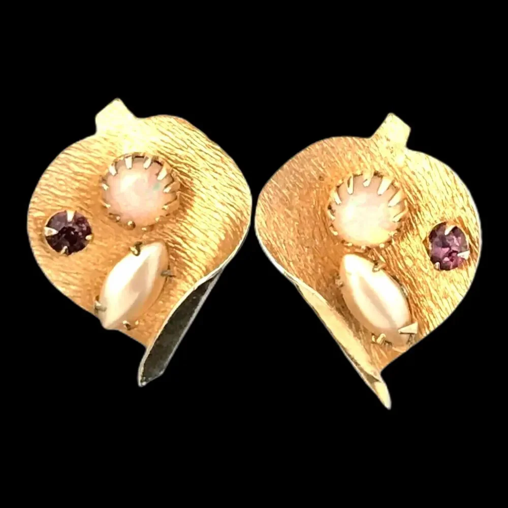 Vintage 1960s Gold Tone Clip Earrings Pearl Rhinestone Mid Century Modern - 1F